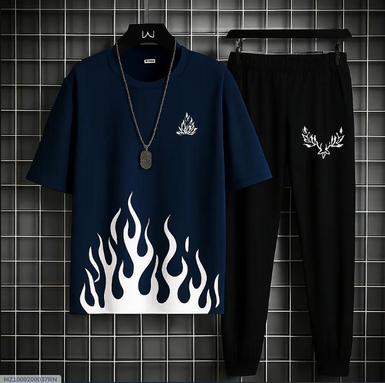 Men Flame Print Track Suit Blue Small to 2X-Large