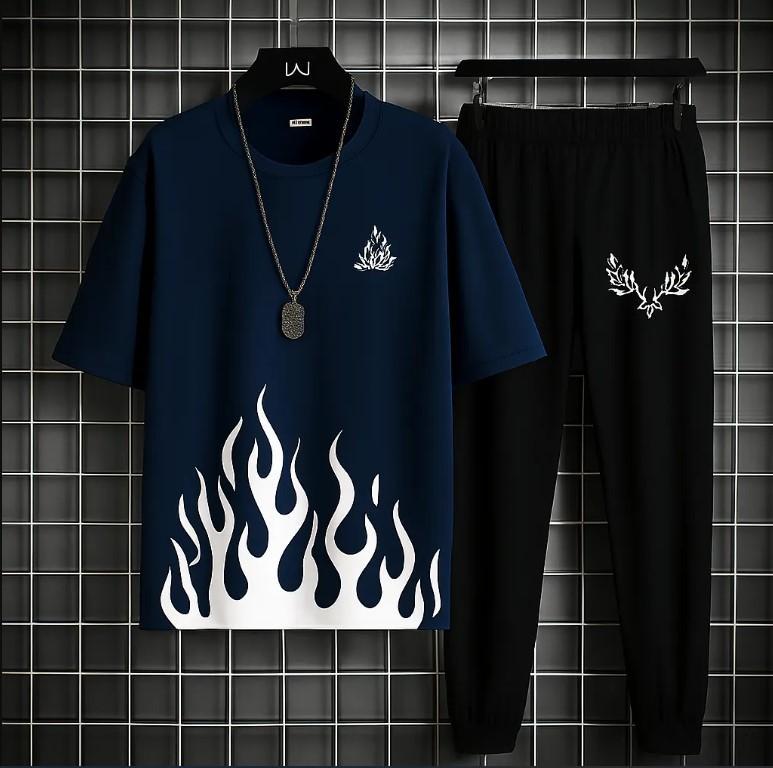 Men Flame Print Track Suit Blue Small to 2X-Large