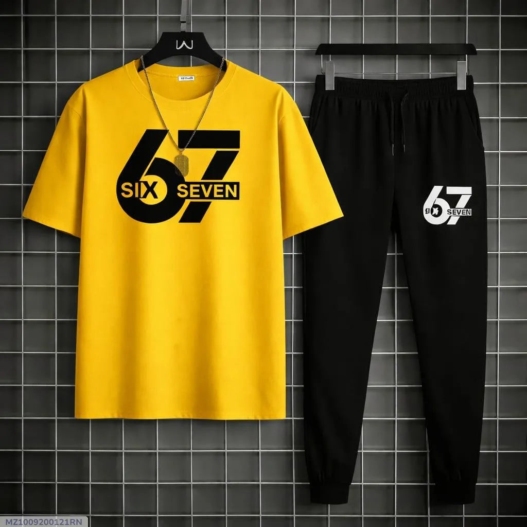 Men Printed 67 Seven Track Suit Yellow Black 2Pcs