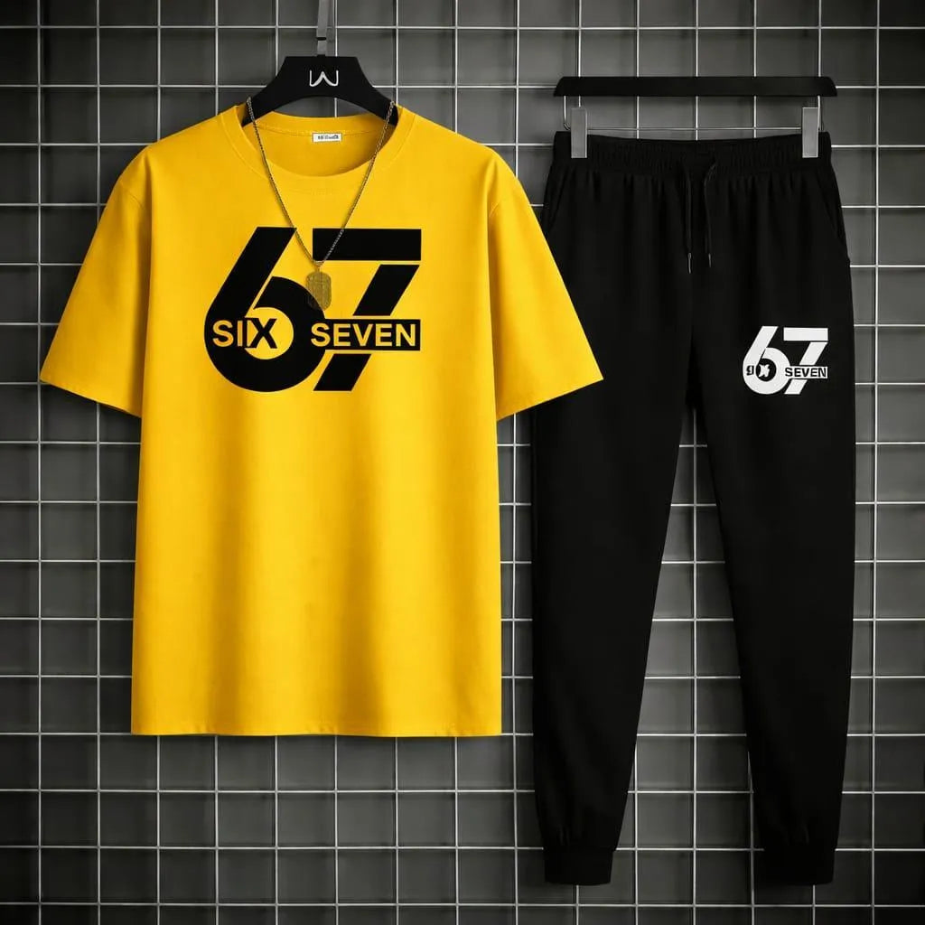 Men Printed 67 Seven Track Suit Yellow Black 2Pcs