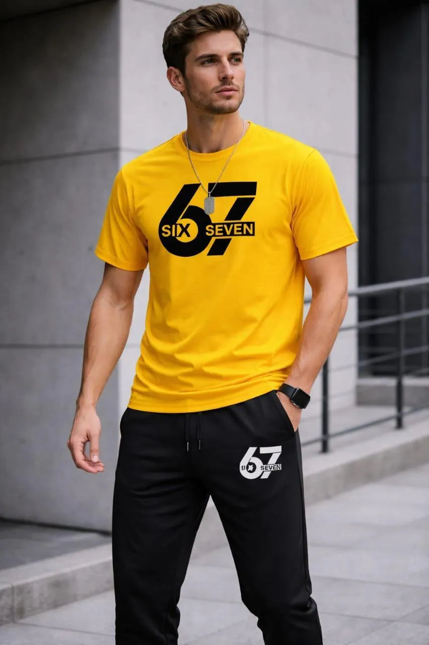 Men Printed 67 Seven Track Suit Yellow Black 2Pcs