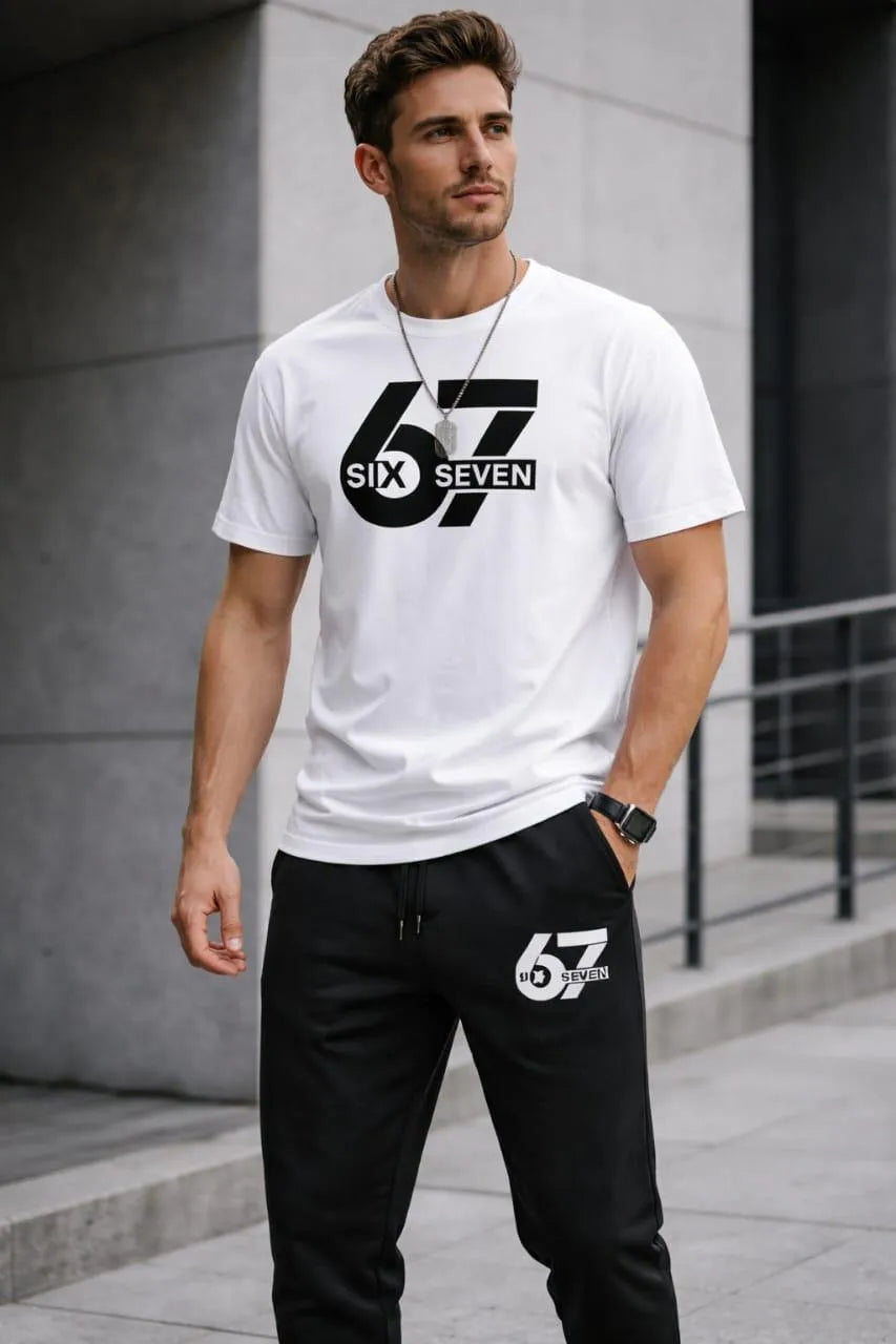 Men Printed 2-Piece Track Suit White Black