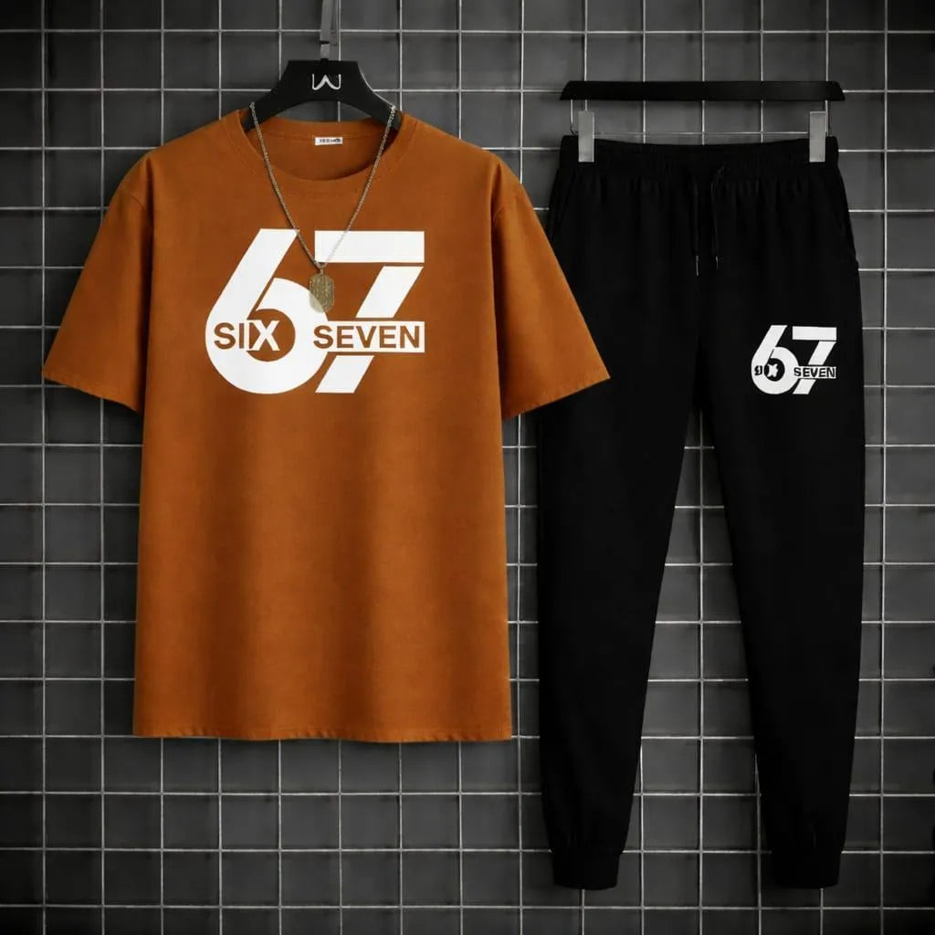 Men Printed 67 Track Suit Brown Black Polyester Summer Set