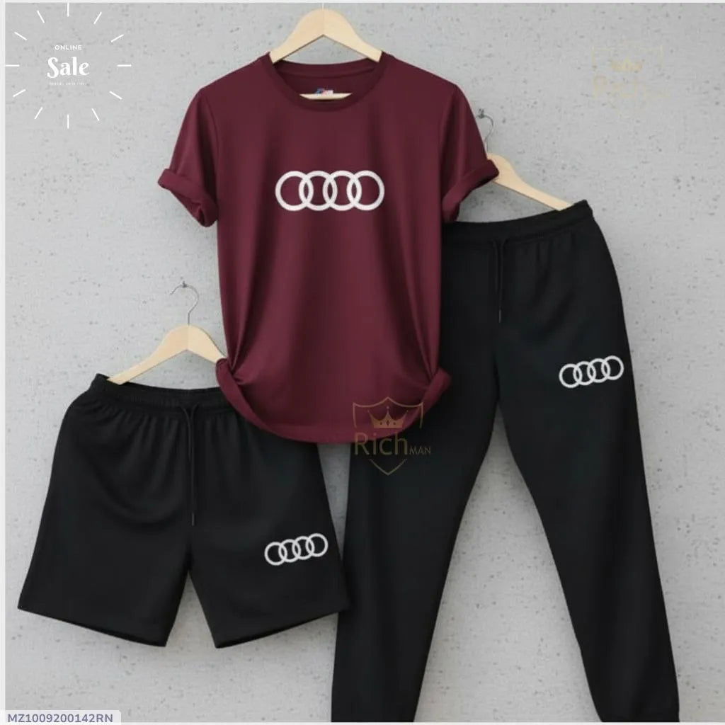Audi Logo Men Track Suit Maroon Black Cotton 3Pcs Set
