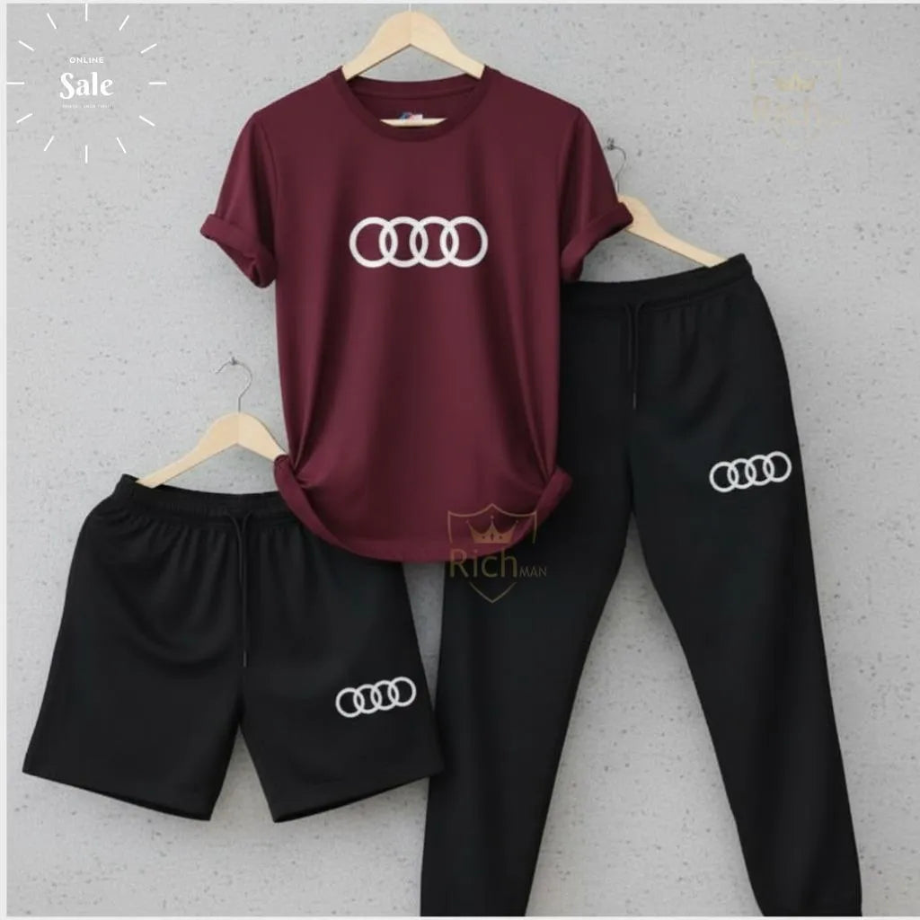 Audi Logo Men Track Suit Maroon Black Cotton 3Pcs Set