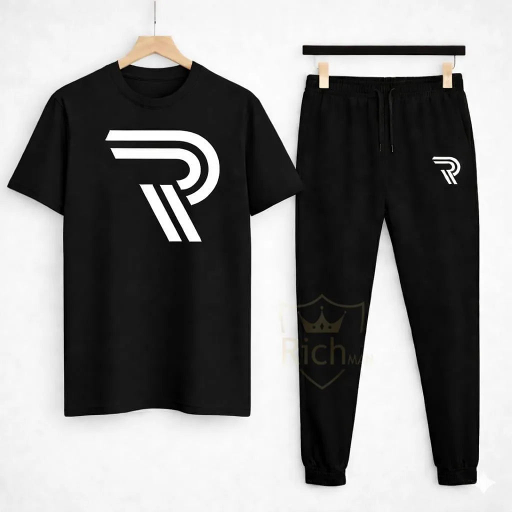 Men Black R-Logo Track Suit Set Slim Fit Cotton