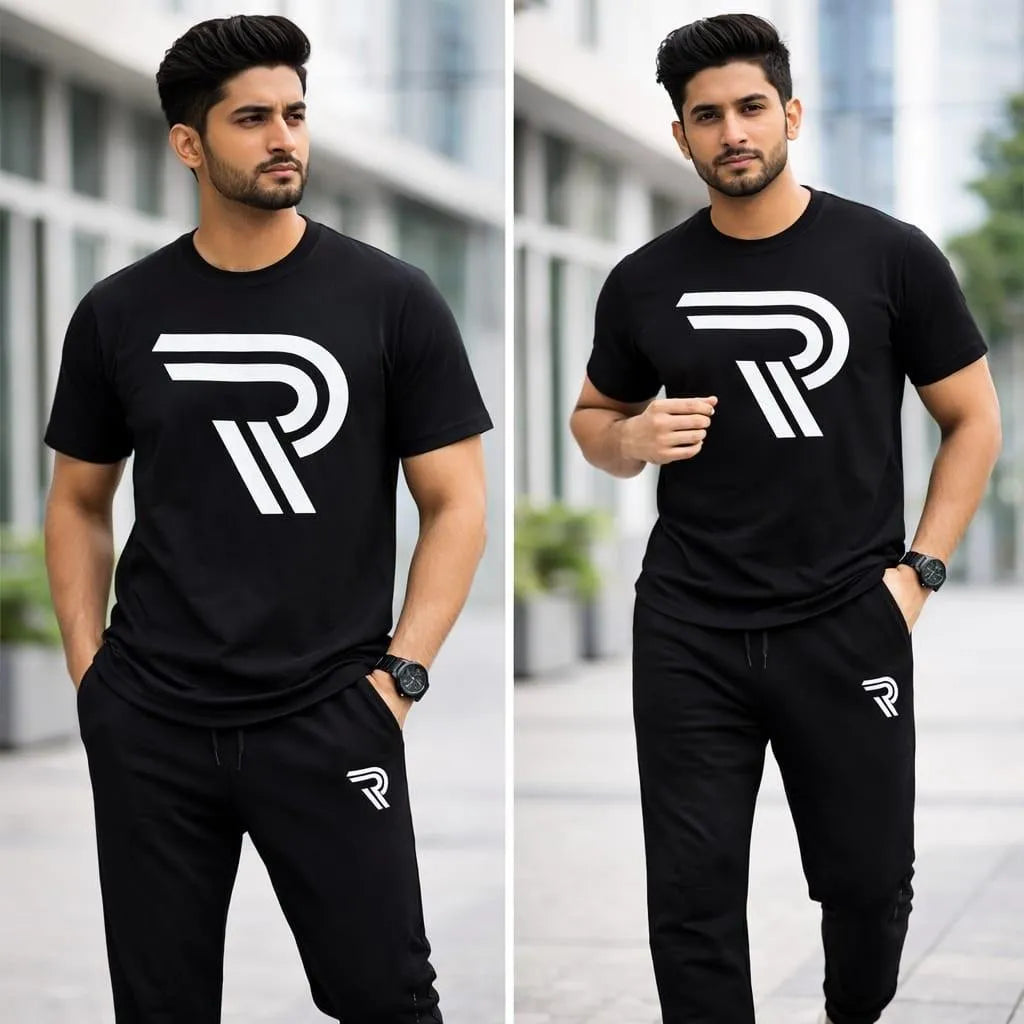 Men Black R-Logo Track Suit Set Slim Fit Cotton