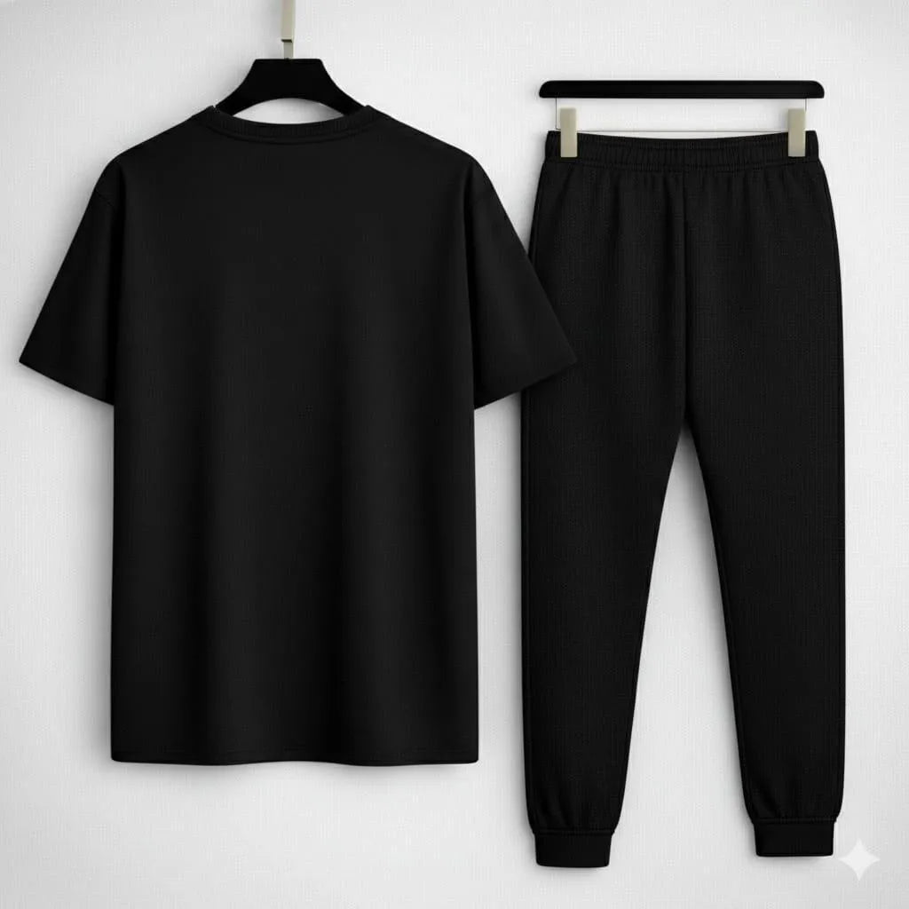 Men Black R-Logo Track Suit Set Slim Fit Cotton