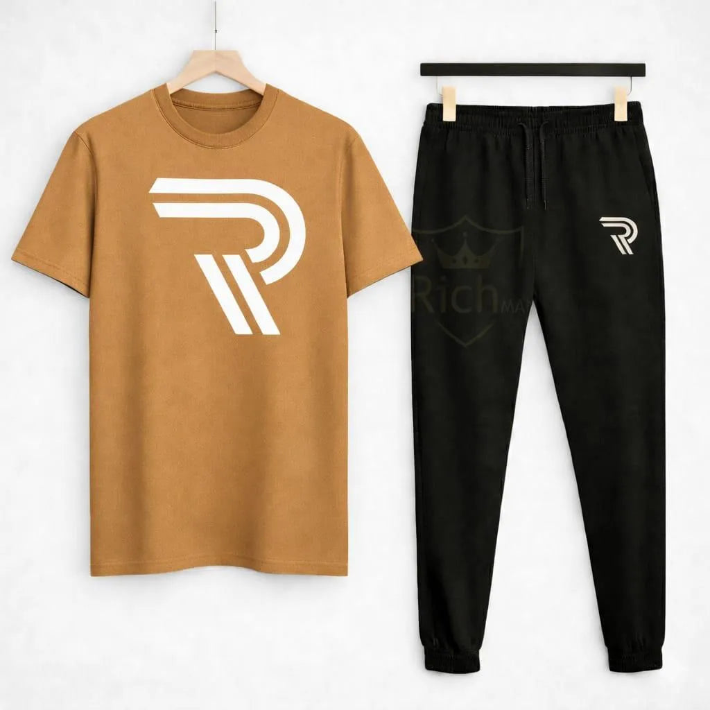Men R-Logo Cotton Track Suit Brown Black Slim Fit