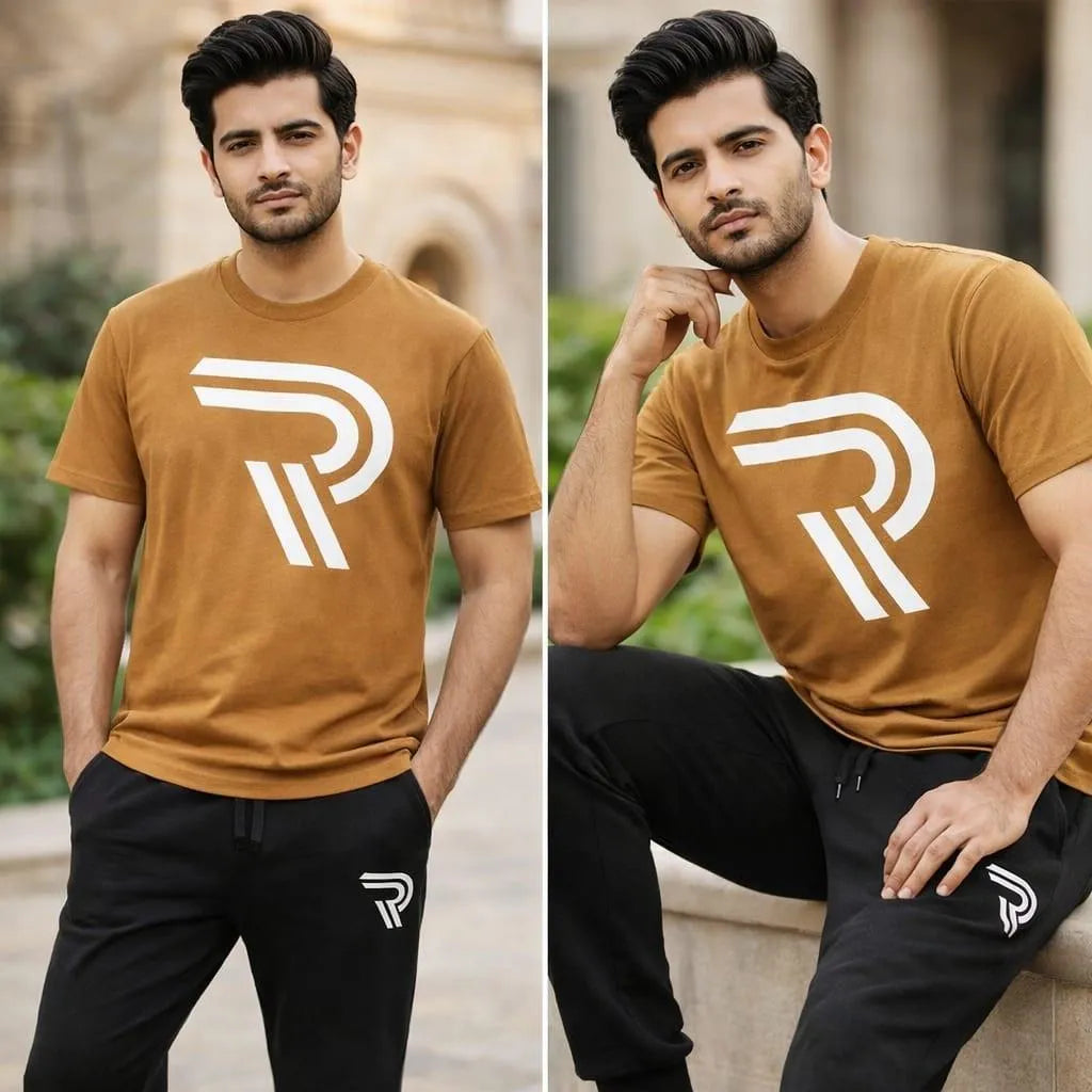 Men R-Logo Cotton Track Suit Brown Black Slim Fit
