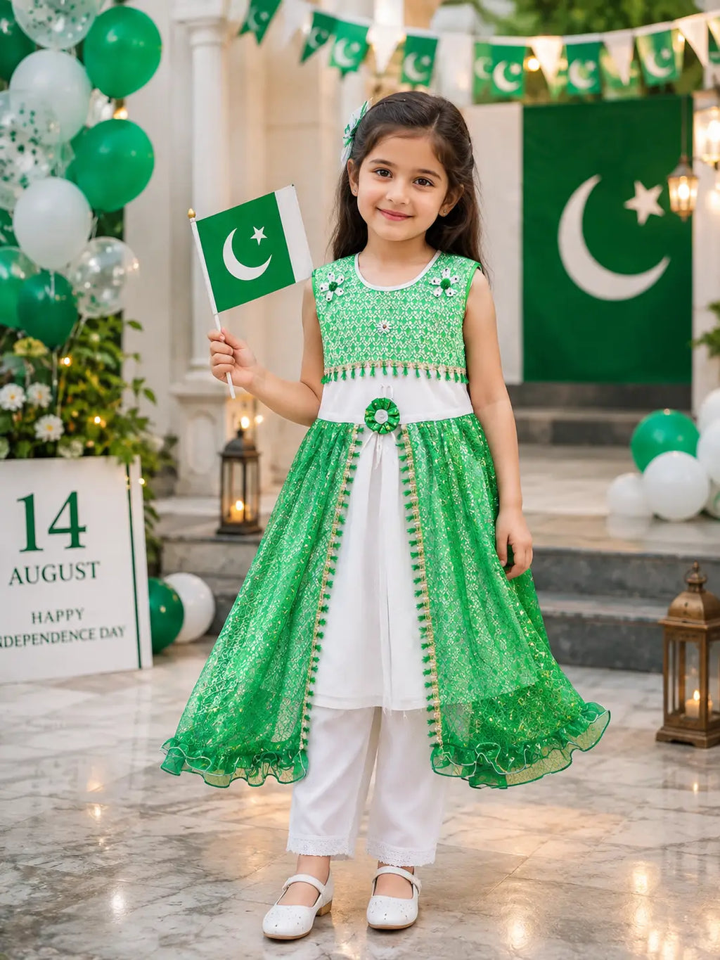 14 August 2 Pcs Girl's Fancy Embroidered Frock And Trouser Set