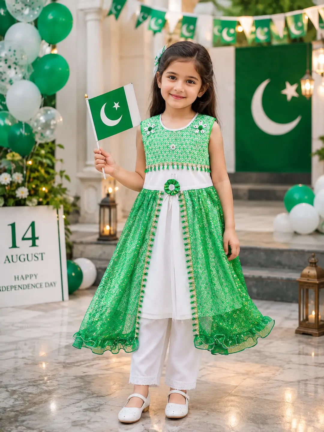 14 August 2 Pcs Girl's Fancy Embroidered Frock And Trouser Set