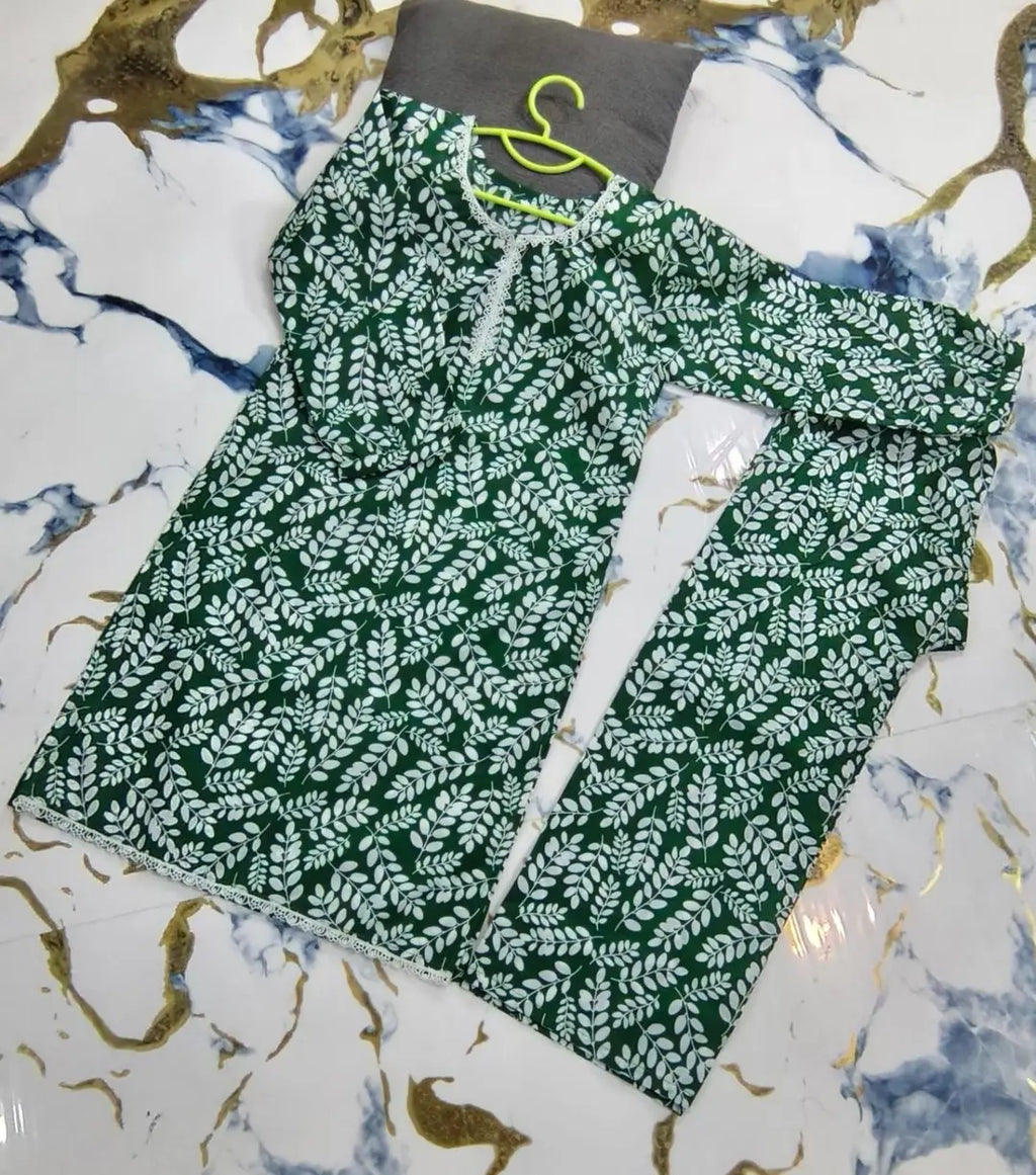 2 Pcs Girl's Cotton Printed Shirt And Trouser Suit