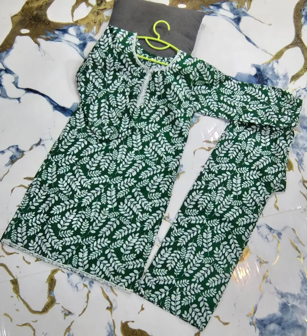 2 Pcs Girl's Cotton Printed Shirt And Trouser Suit