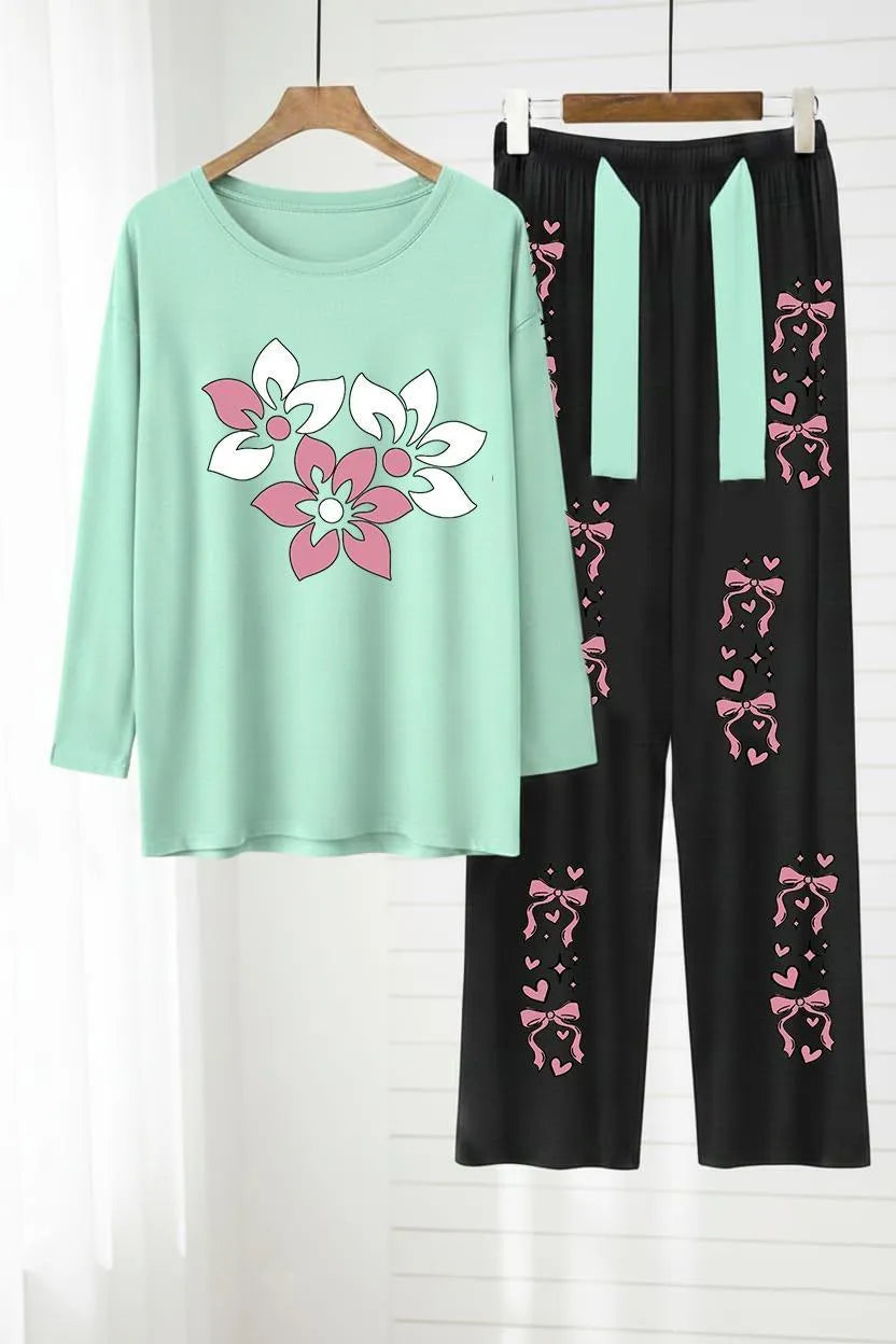Mint Green Floral Night Suit with Black Bow Trousers