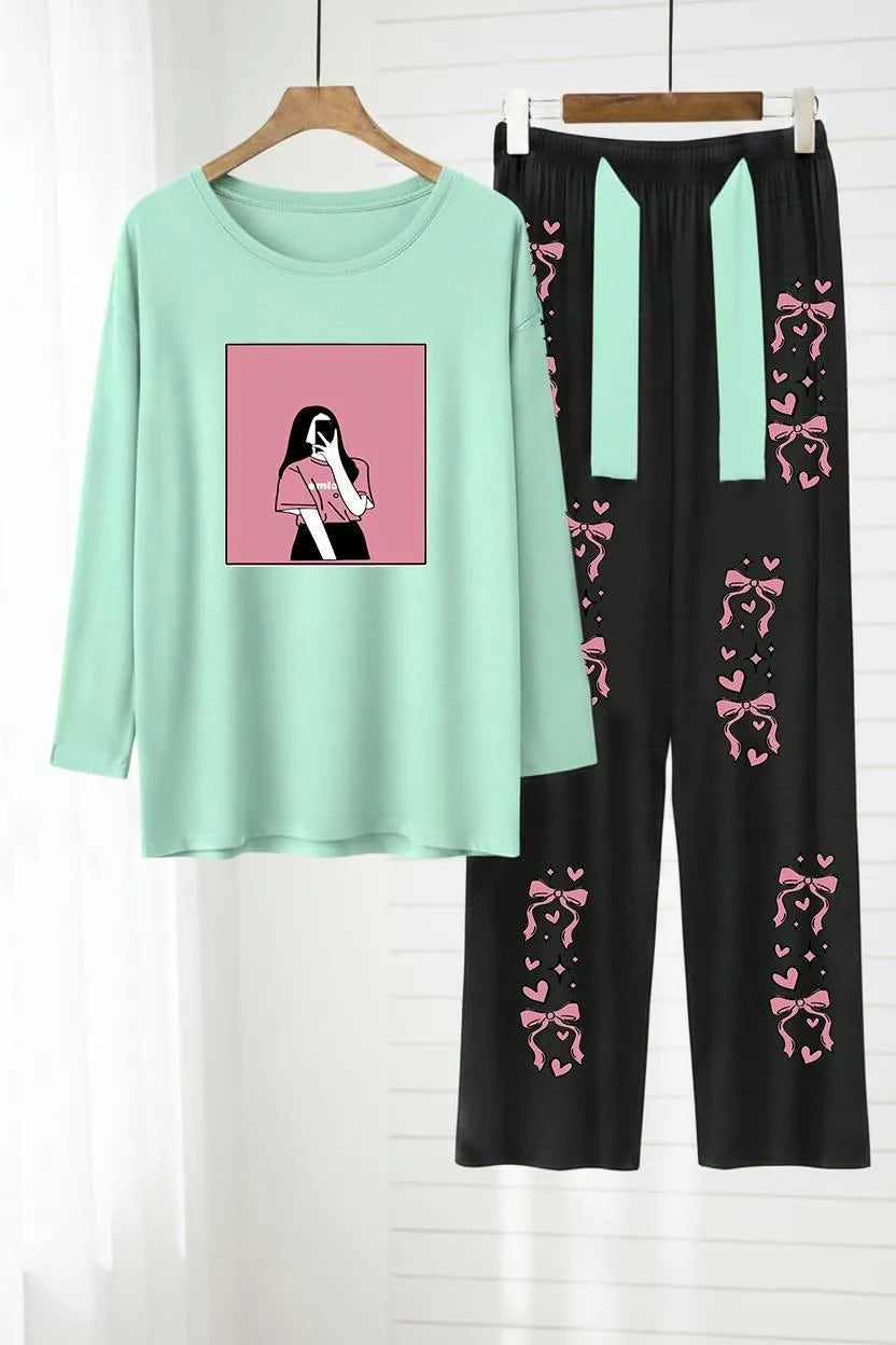 Pakistani Night Suit Mint Black Bow Print Jersey Set