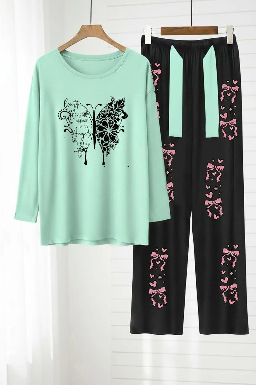 Women Printed Night Suit Mint Black Bow Print 28"
