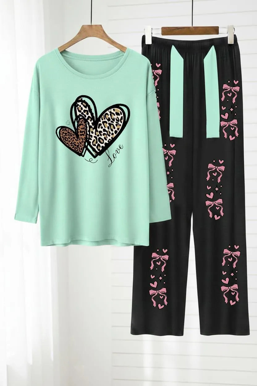 Pakistani Night Suit Leopard Heart Love Print Trousers Set