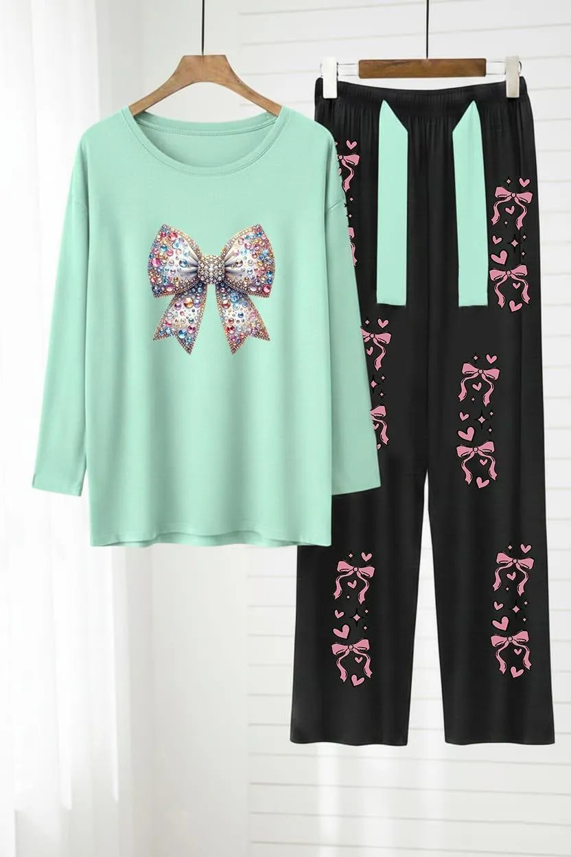 Mint Green Bow Print Night Suit for Women