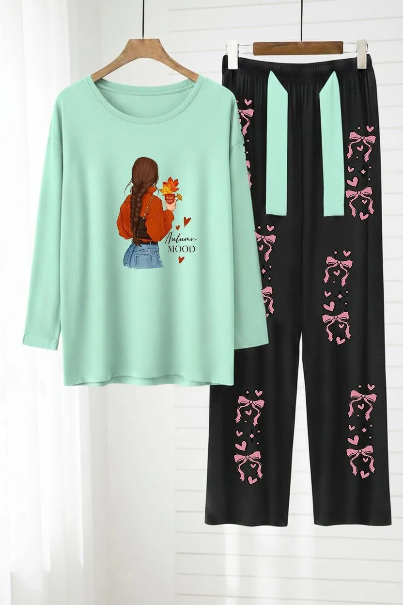 Mint Green & Black Bow Print 2-Piece Night Suit