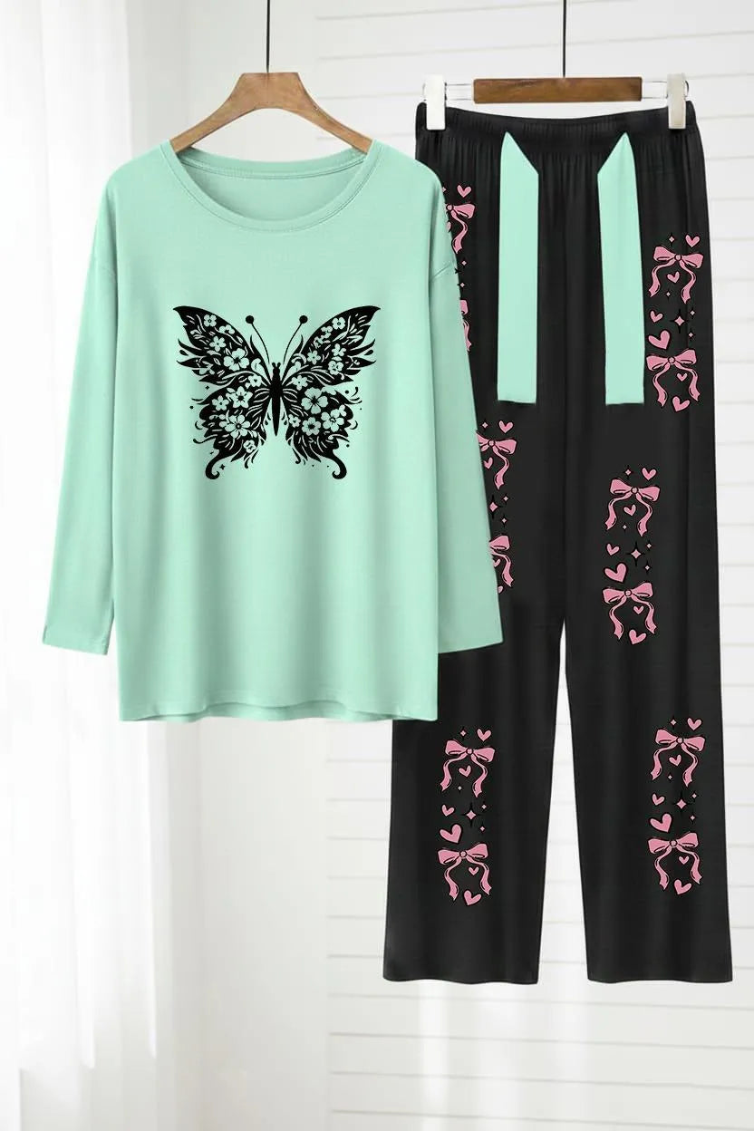 Women Printed Night Suit Mint Black Butterfly Bow Pants
