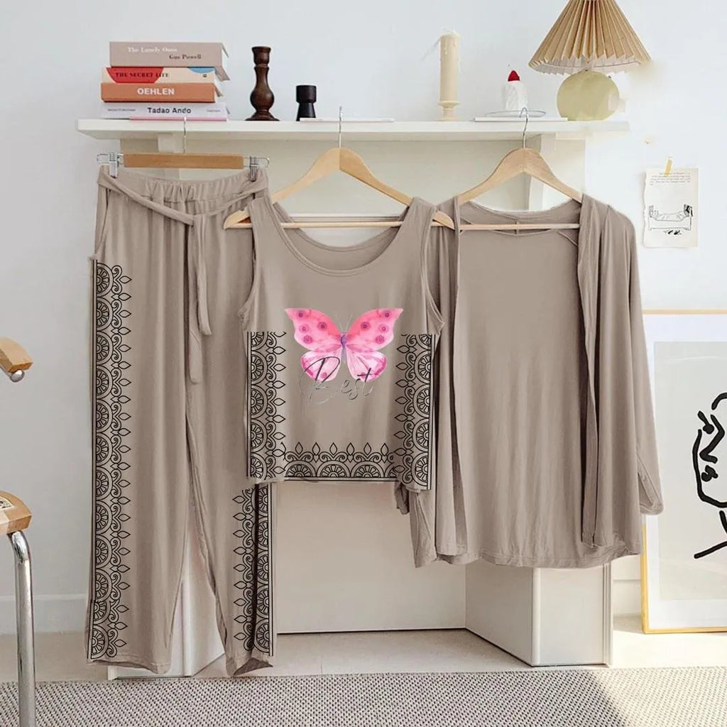 Beige Printed 3 Pcs Women Night Suit Jersey