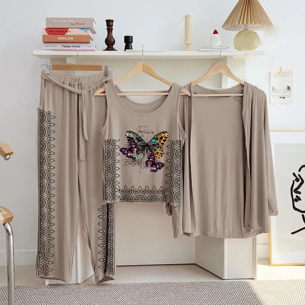 Beige Printed Butterfly 3-Piece Night Suit for Women