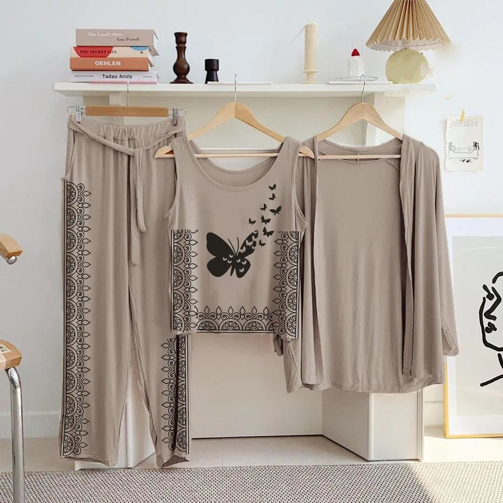 Beige Butterfly Printed 3-Piece Night Suit for Women