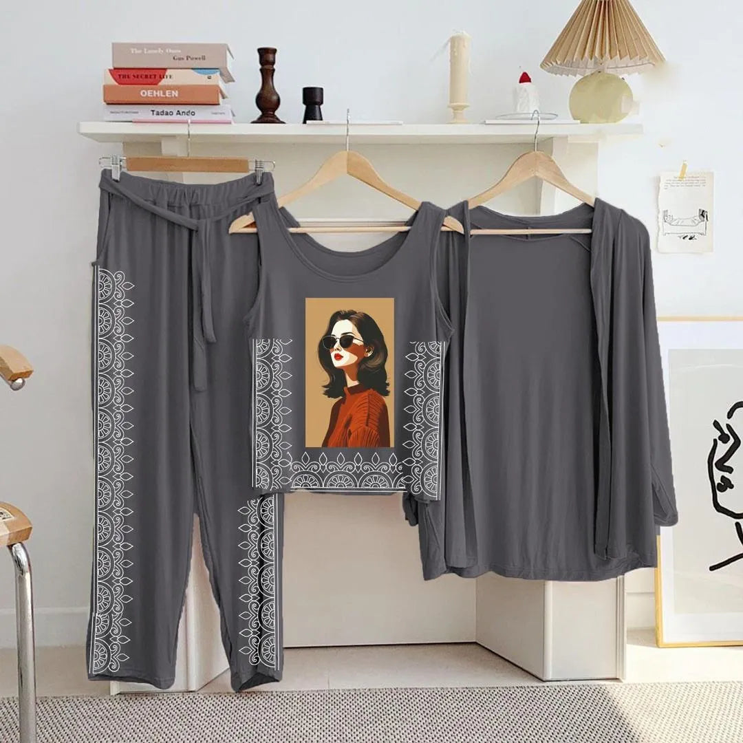 Grey Printed 3-Piece Night Suit for Women
