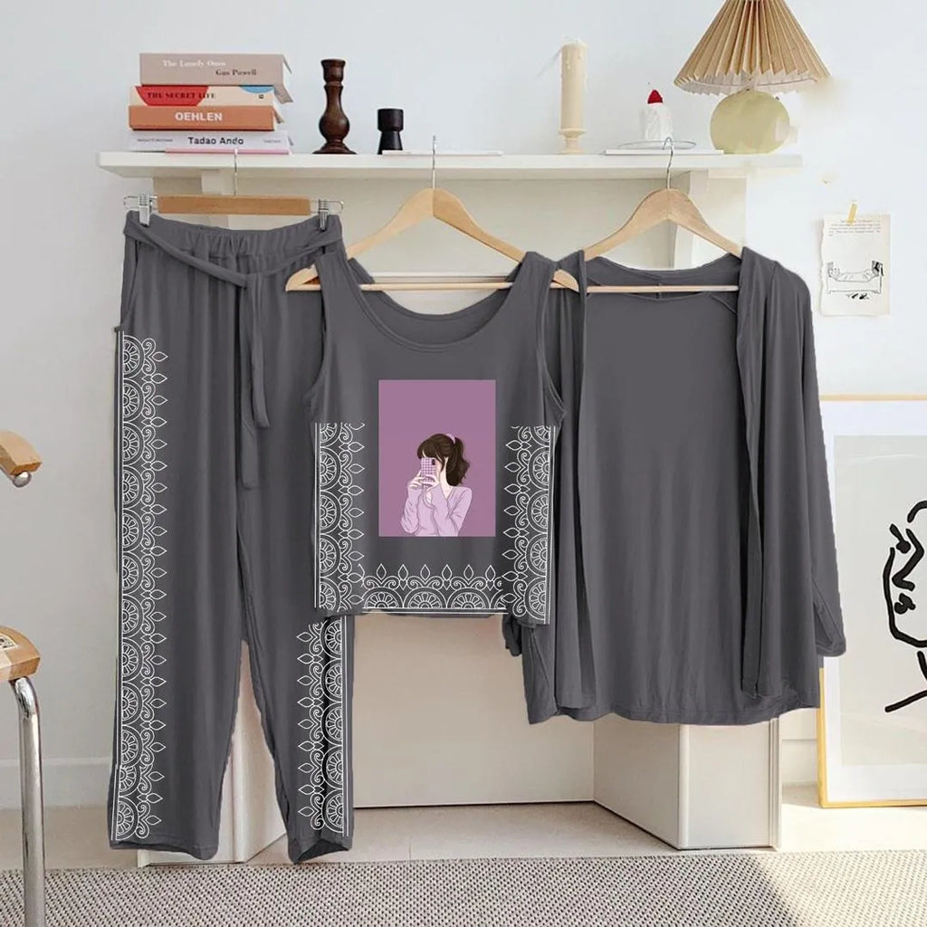 3-Piece Grey Printed Night Suit for Women