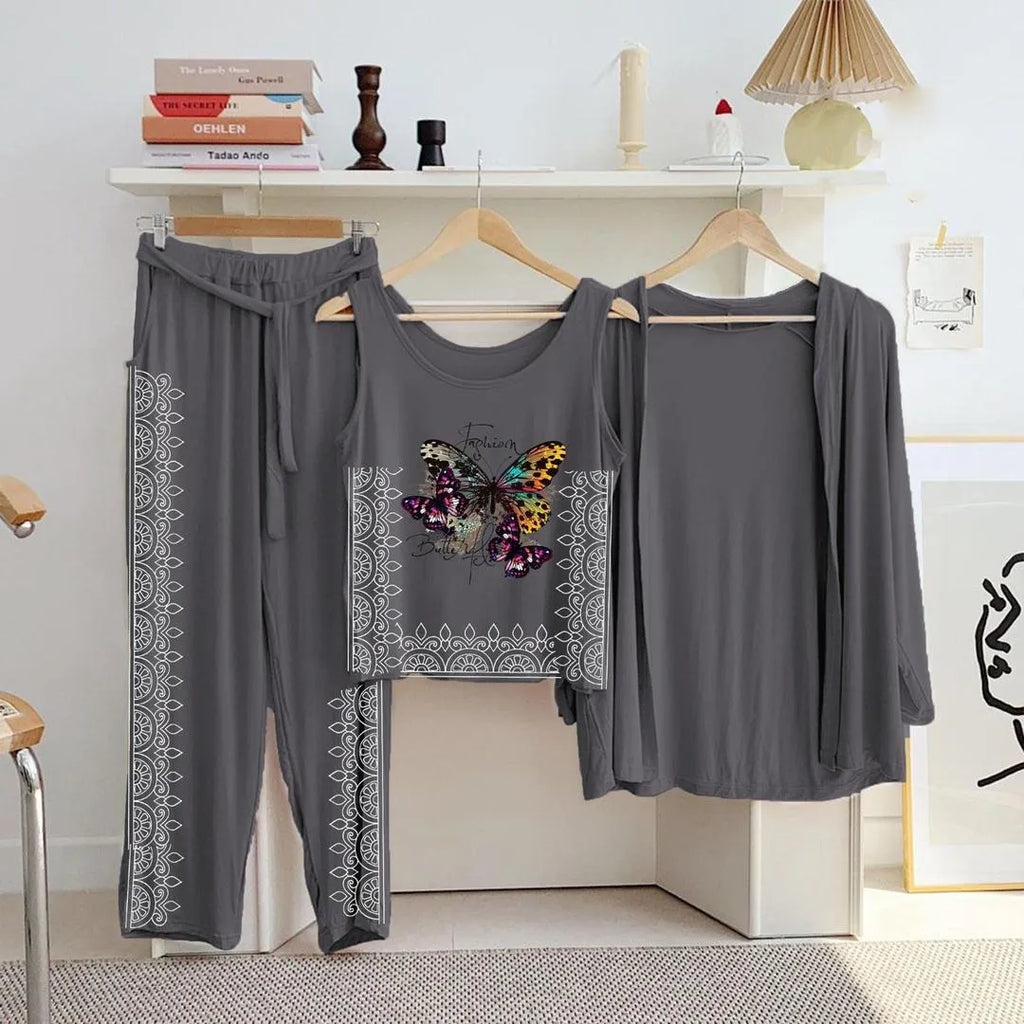 Grey Printed 3-Piece Women's Night Suit Set
