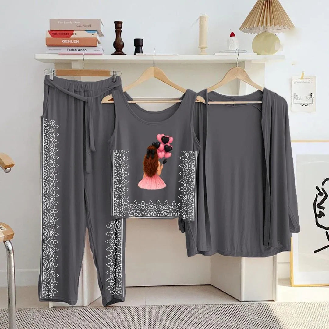 Grey Printed 3-Piece Women's Night Suit Set
