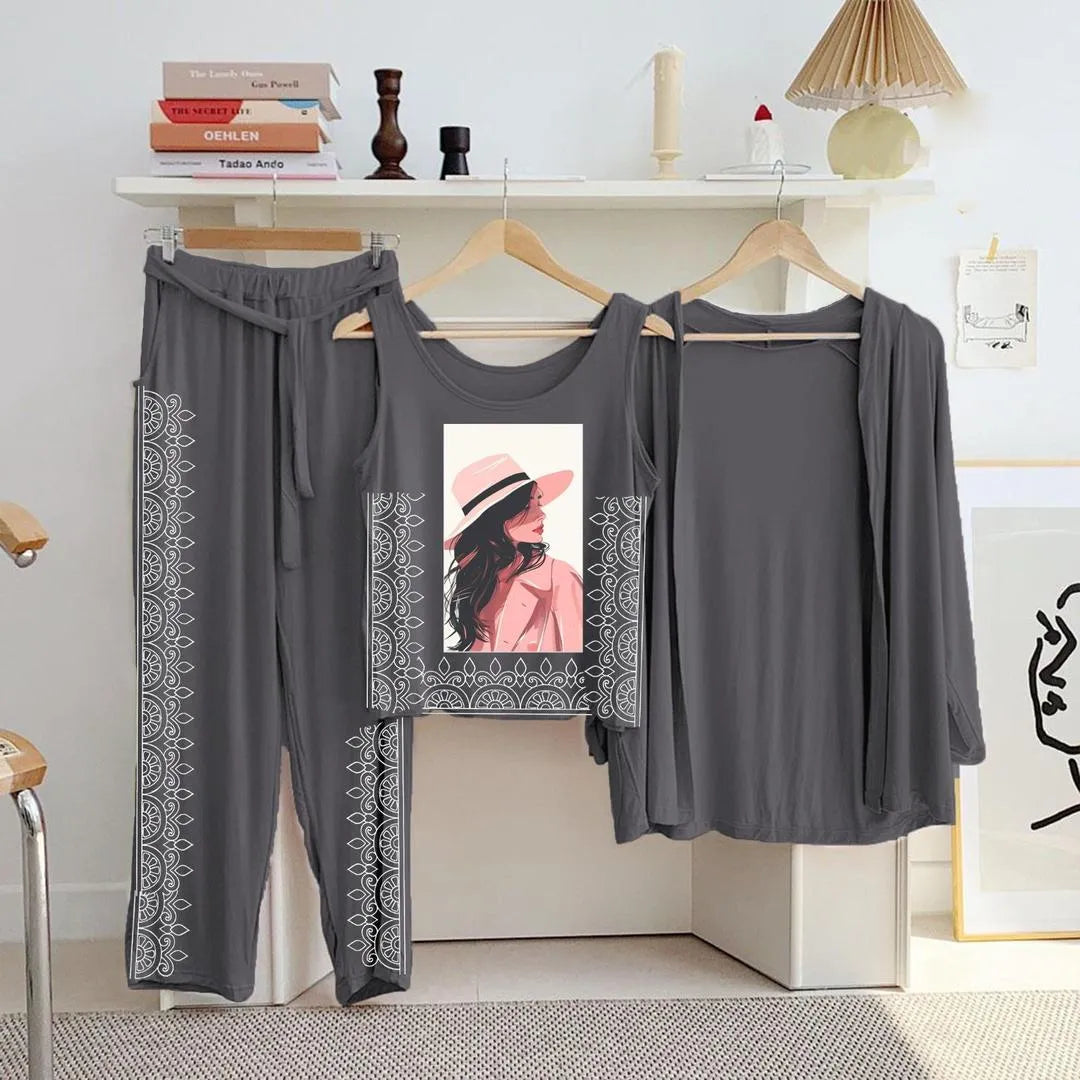 Grey Printed 3-Piece Women's Night Suit Set
