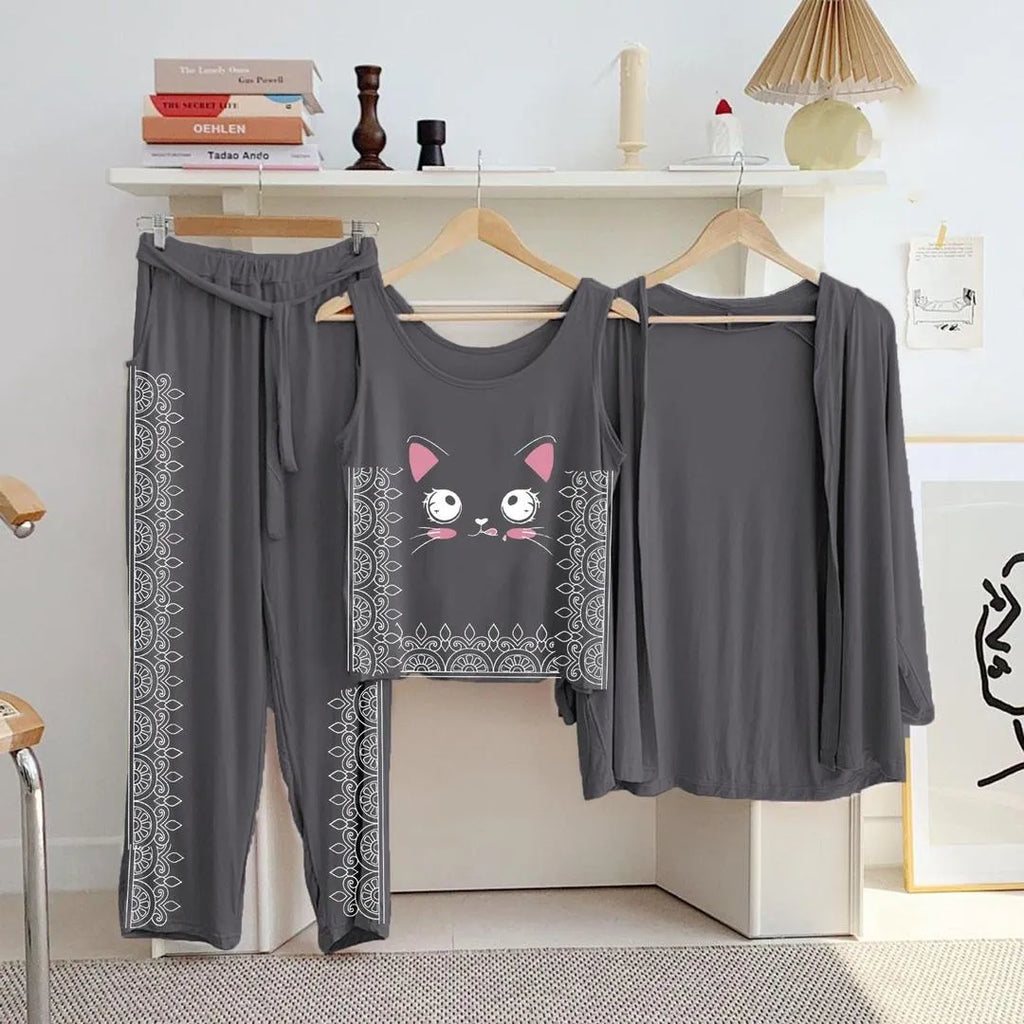 Grey Printed 3-Piece Women's Night Suit Set