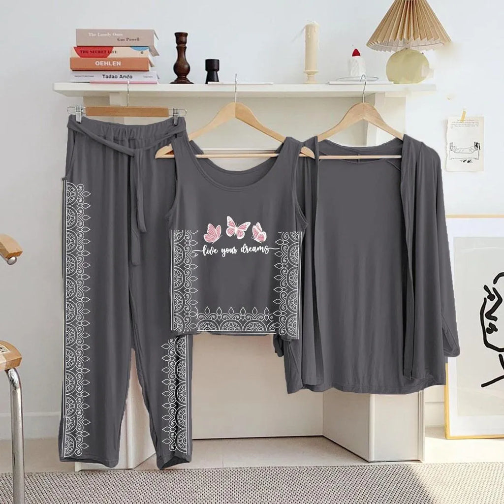Grey Butterfly Printed 3-Piece Night Suit for Women