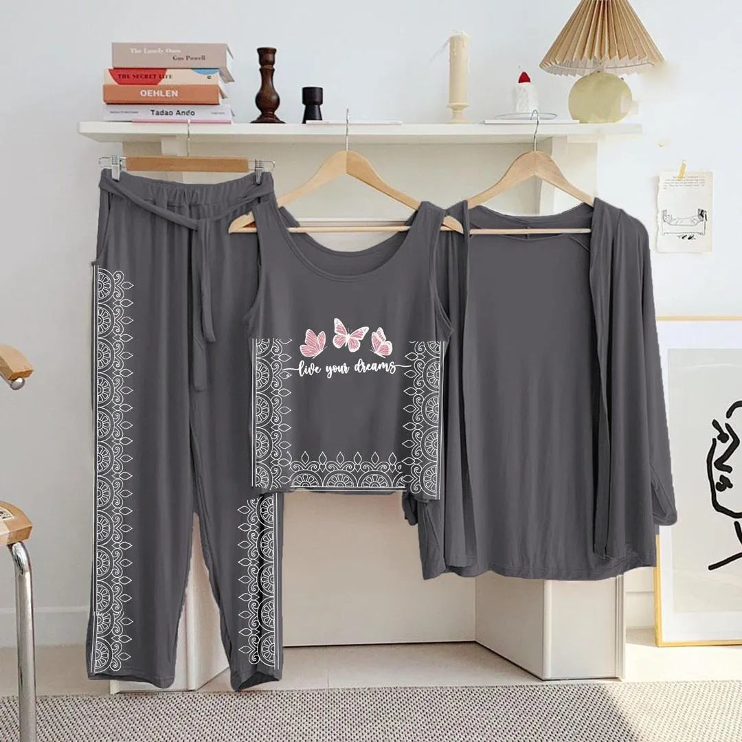 Grey Butterfly Printed 3-Piece Night Suit for Women