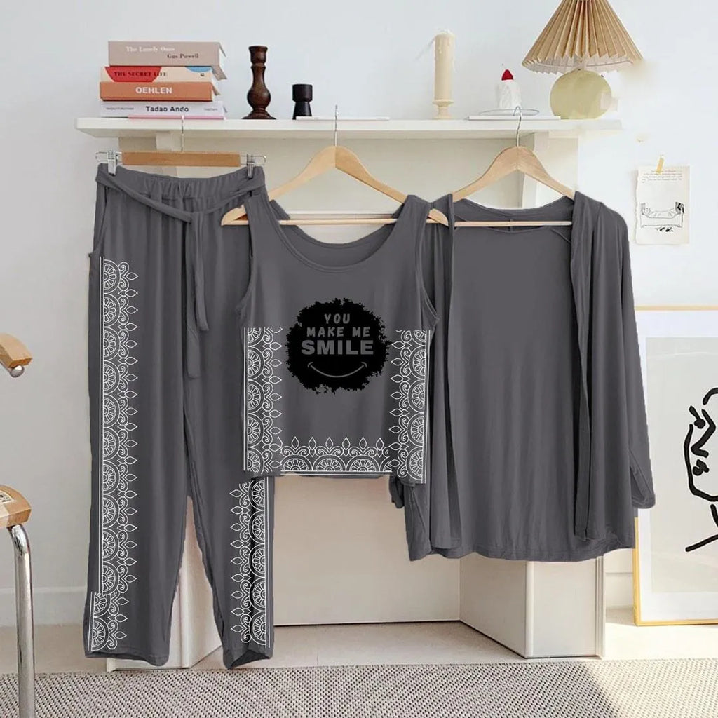 Women Grey Printed 3-Piece Night Suit Set