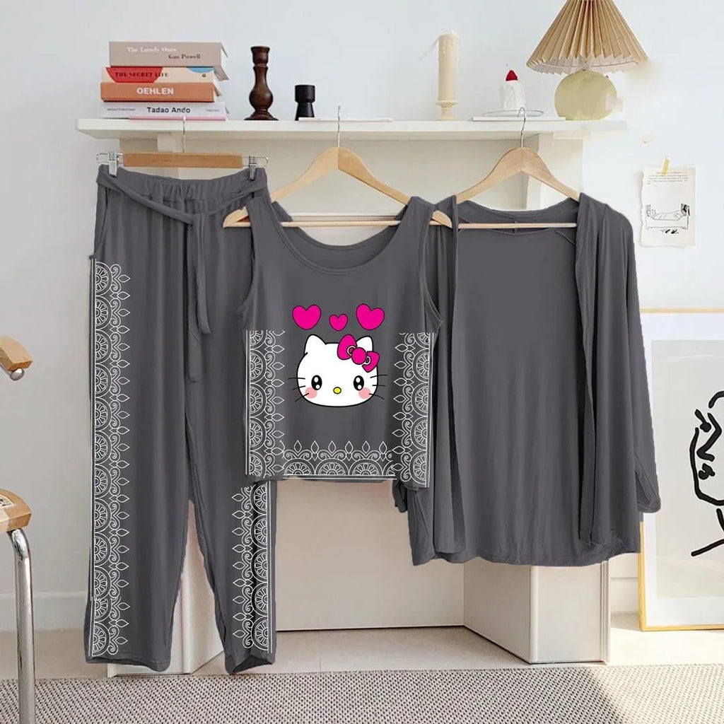 Grey Hello Kitty 3-Piece Women's Jersey Night Suit Set