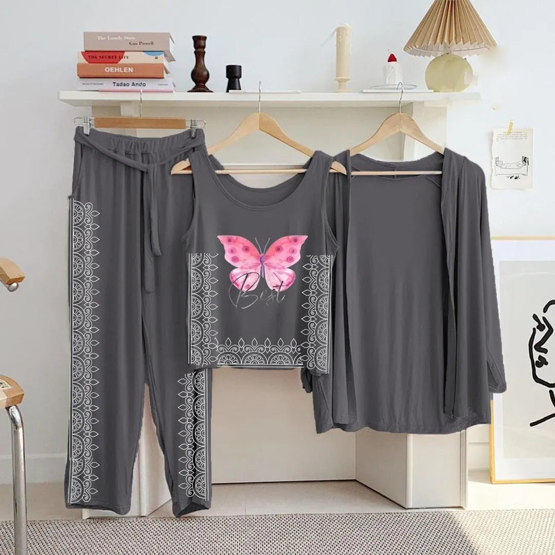 Pakistani Butterfly Print Night Suit 3Pc Jersey Set