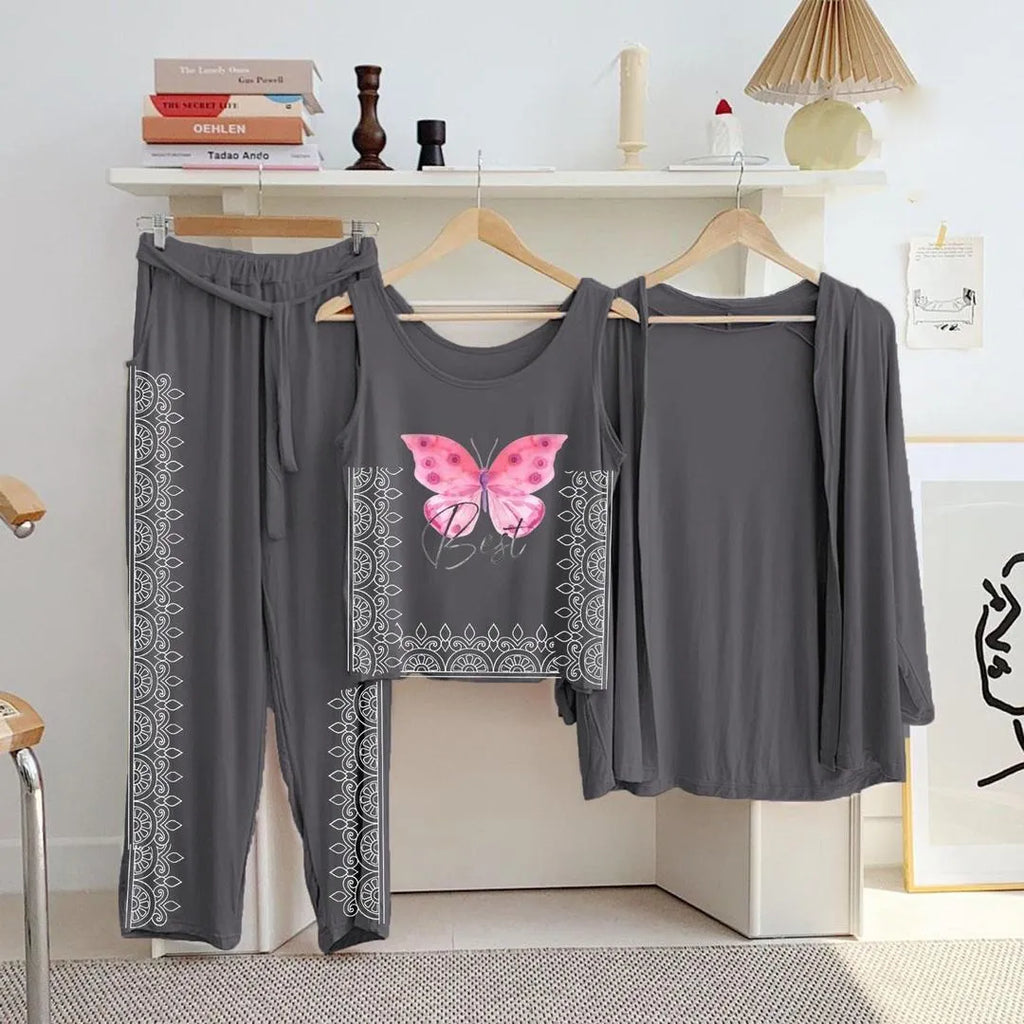 Pakistani Butterfly Print Night Suit 3Pc Jersey Set