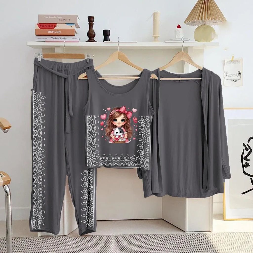 Grey Printed 3-Piece Women's Night Suit Set