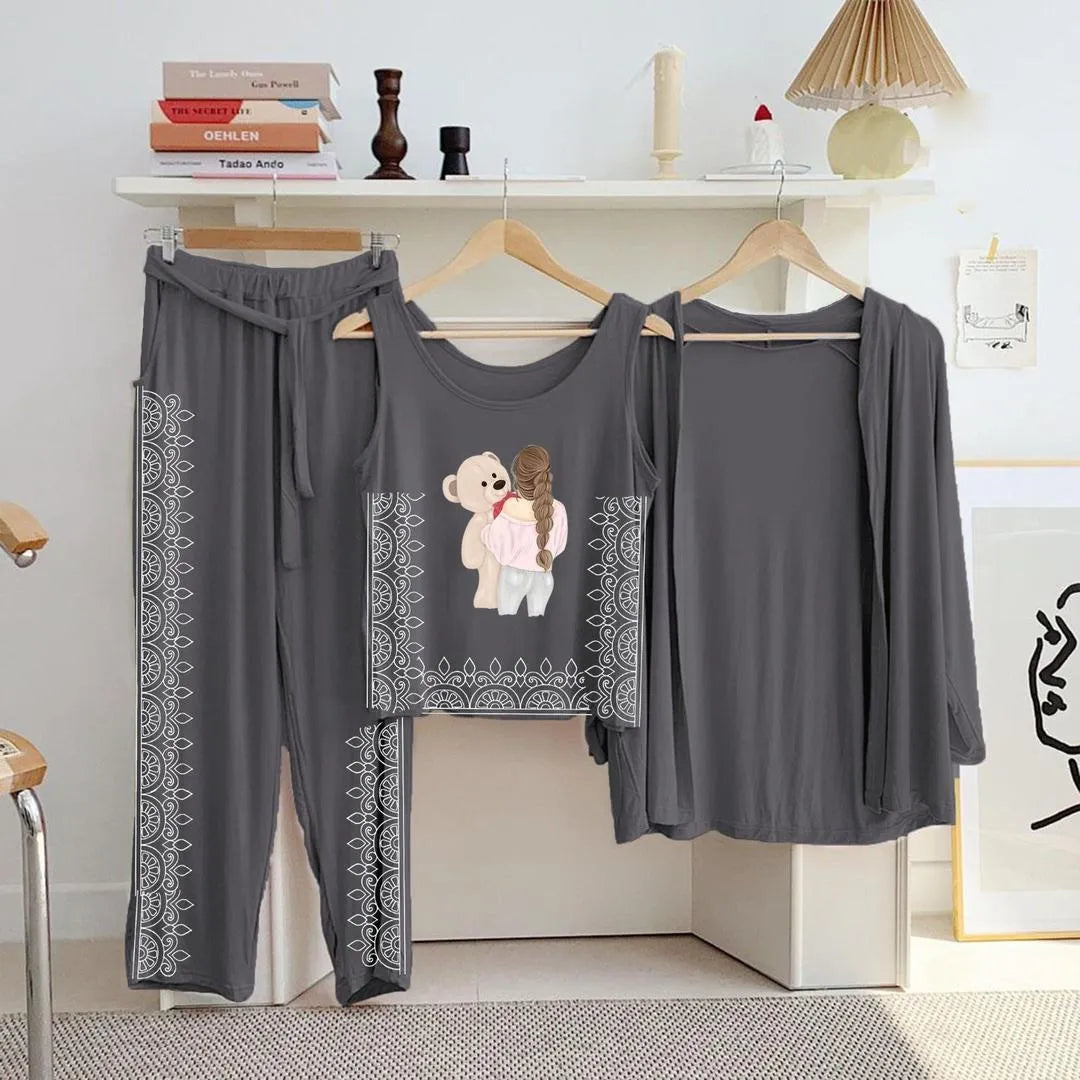Grey Teddy Bear Printed 3-Piece Night Suit for Women