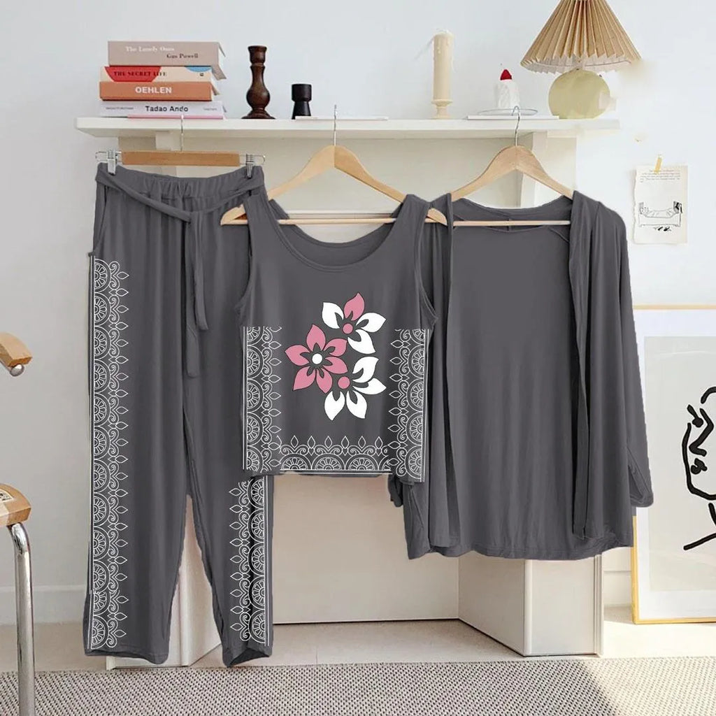 Women Grey Printed 3-Piece Night Suit Set