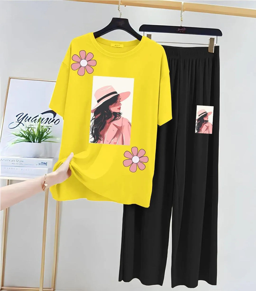 Yellow Printed 2-Piece Night Suit for Women Medium to XL