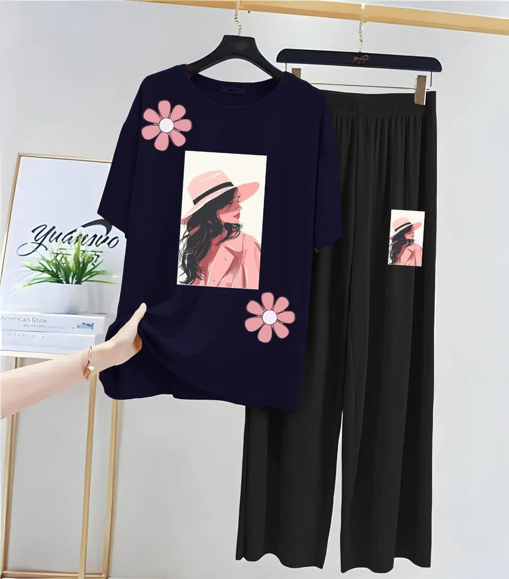 Women Printed Night Suit Blue Jersey 2 Pcs Medium to XL