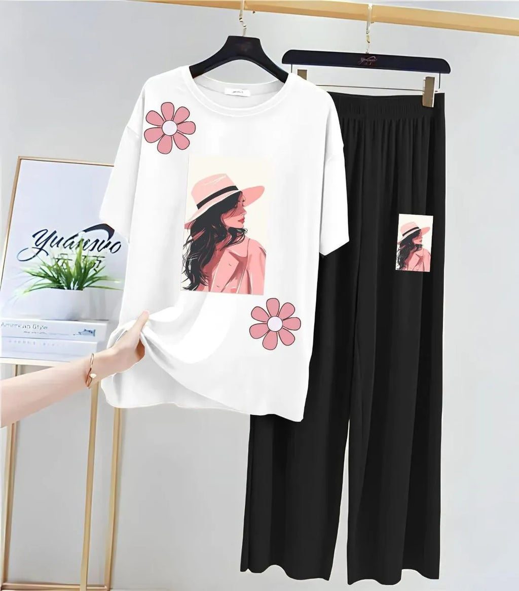 Women Printed Night Suit White Jersey 2 Pcs Medium to XL