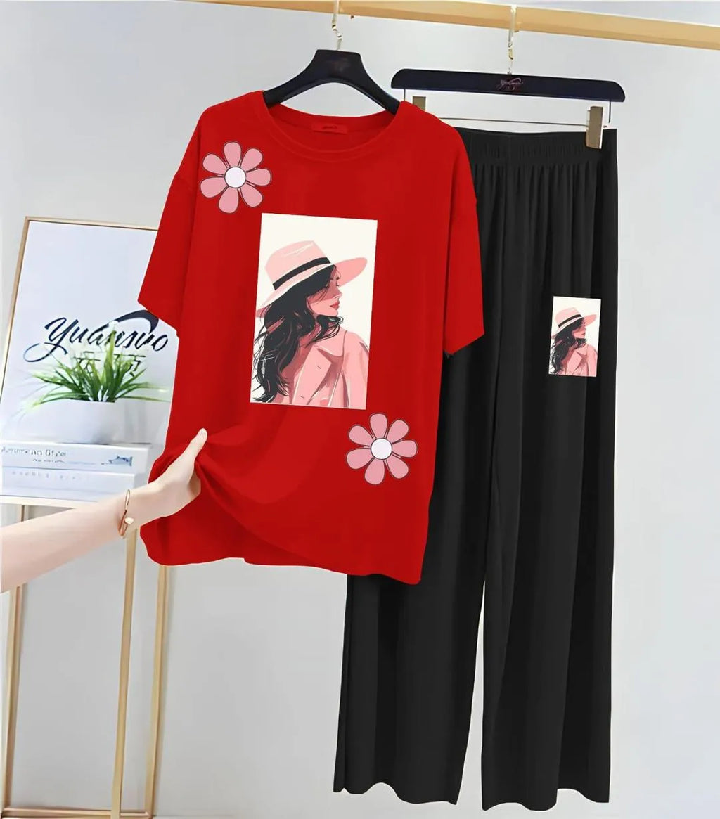 Red Floral Printed 2-Piece Night Suit for Women Medium to XL