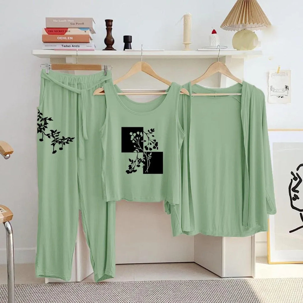 Green Printed 3-Piece Women's Jersey Night Suit