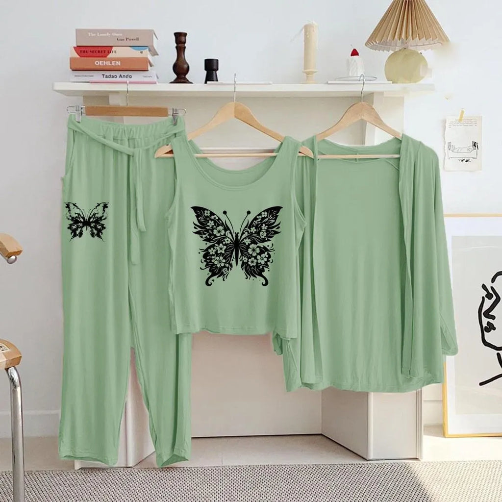 Green Butterfly Print 3-Piece Night Suit for Women