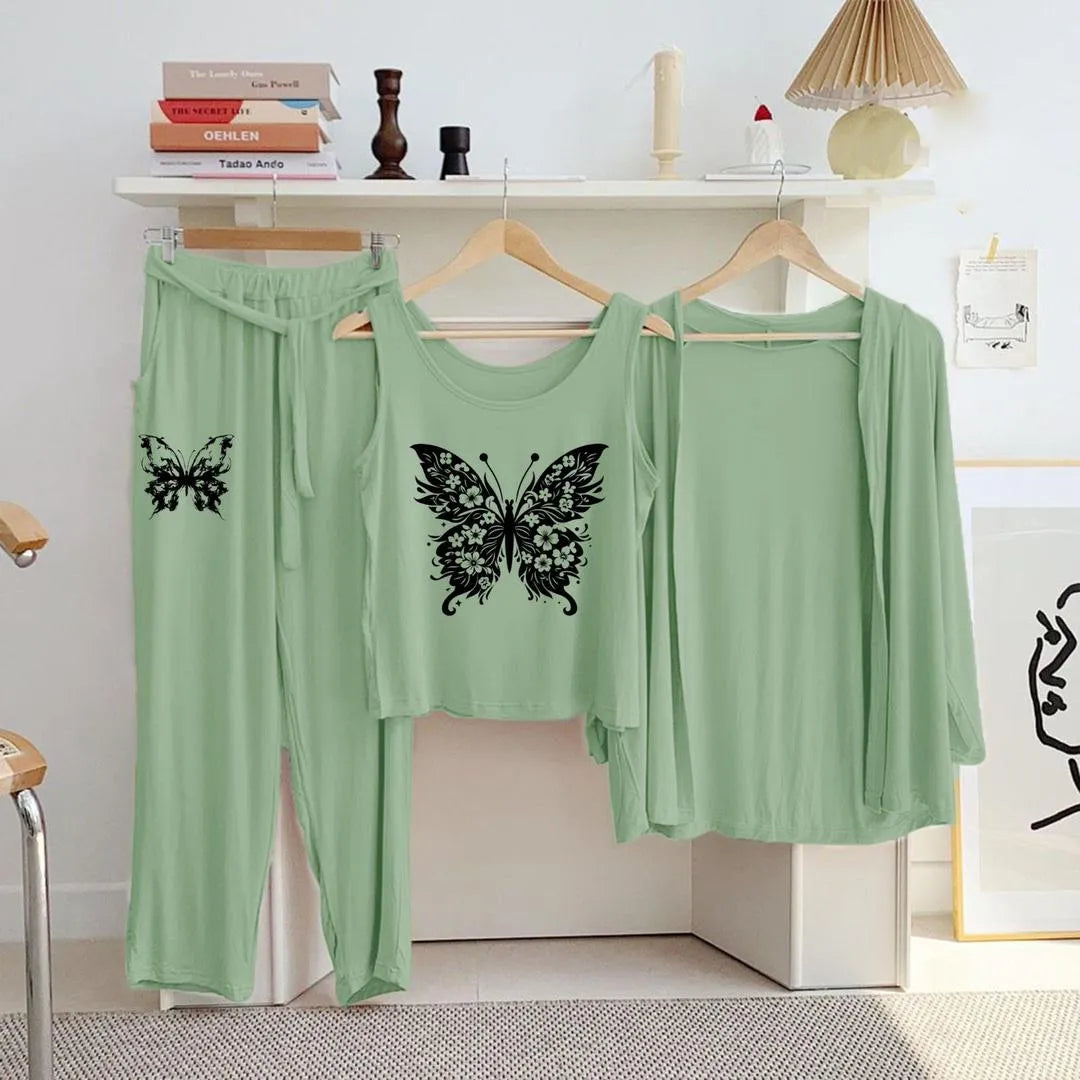 Green Butterfly Print 3-Piece Night Suit for Women